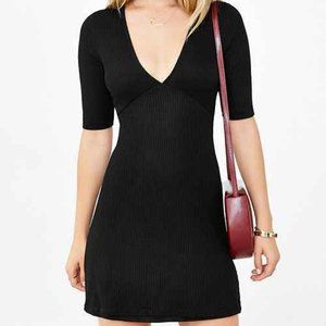 UO Silence & Noise Rib Knit V Neck Black dress